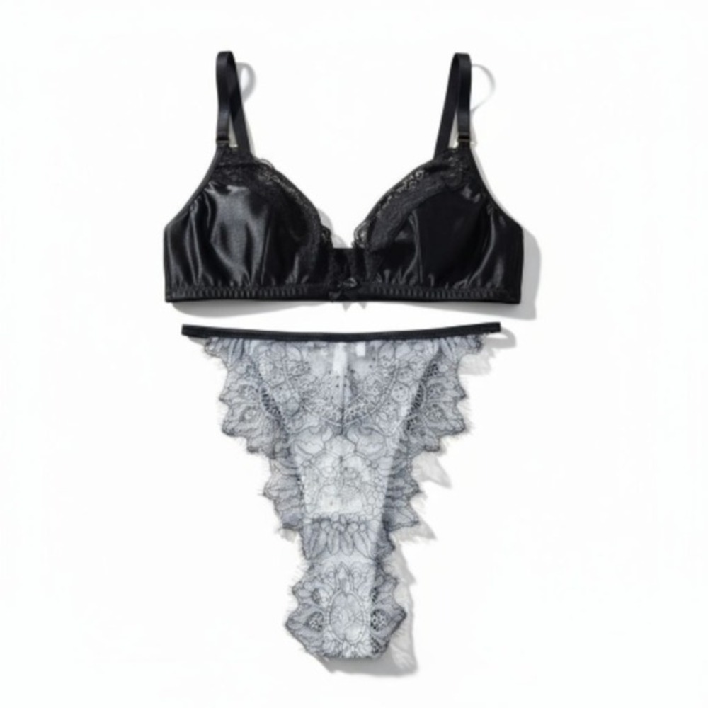 NWT Kilo Brava Black‎ Satin Lace Lingerie Set S 32-34 A/B Boudoir Romantic